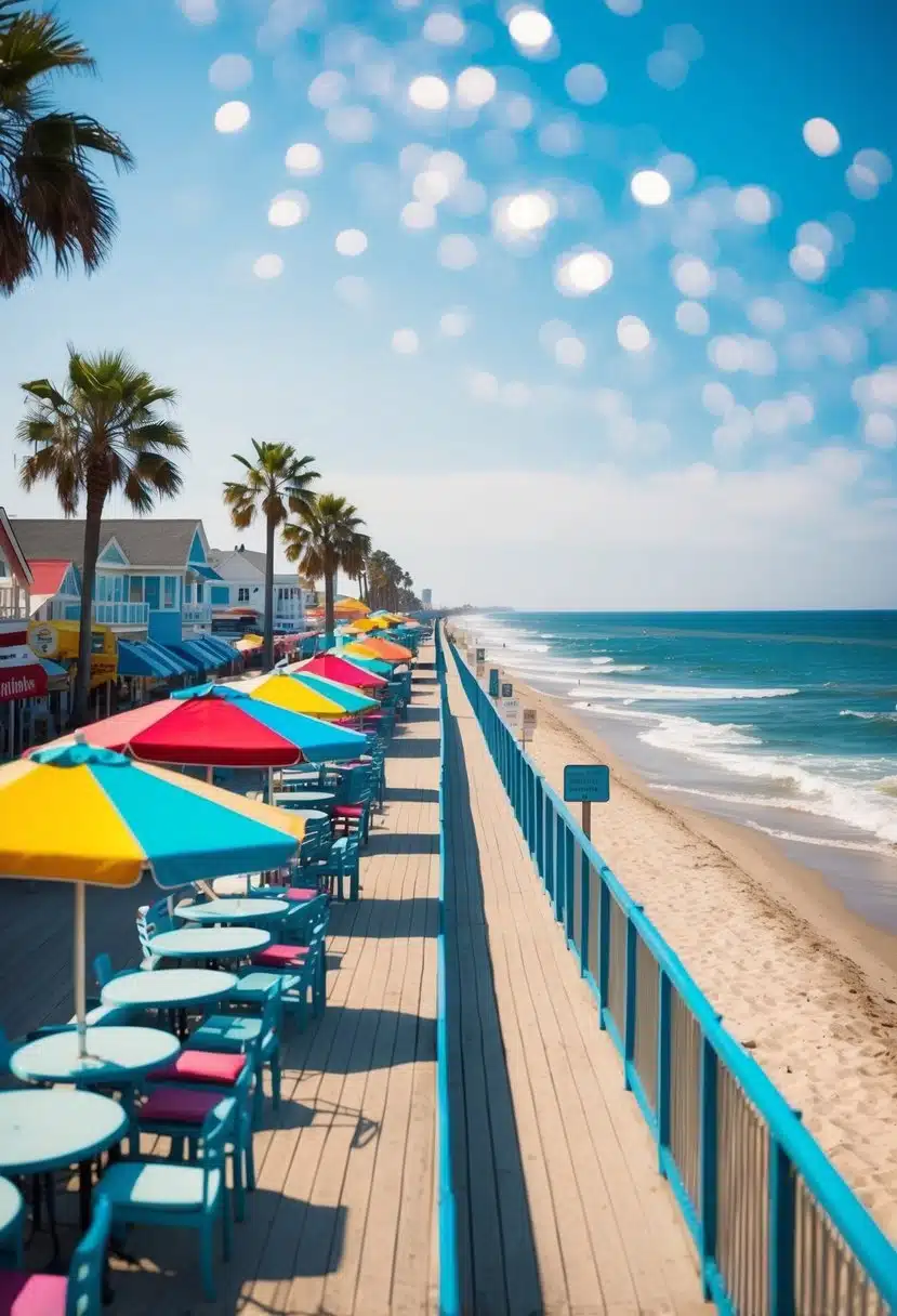 A colorful beach boardwalk lined with shops and restaurants, with palm trees and beach umbrellas, overlooking the sparkling ocean