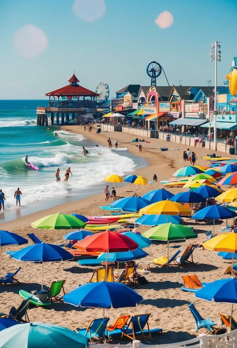 A vibrant beach scene with colorful umbrellas, surfboards, and beachgoers enjoying the sun and waves. A lively boardwalk with shops and entertainment in the background