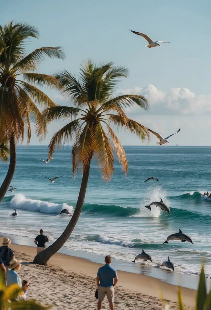 A serene beach with palm trees, seagulls, and dolphins playing in the waves, while tourists observe from the shore