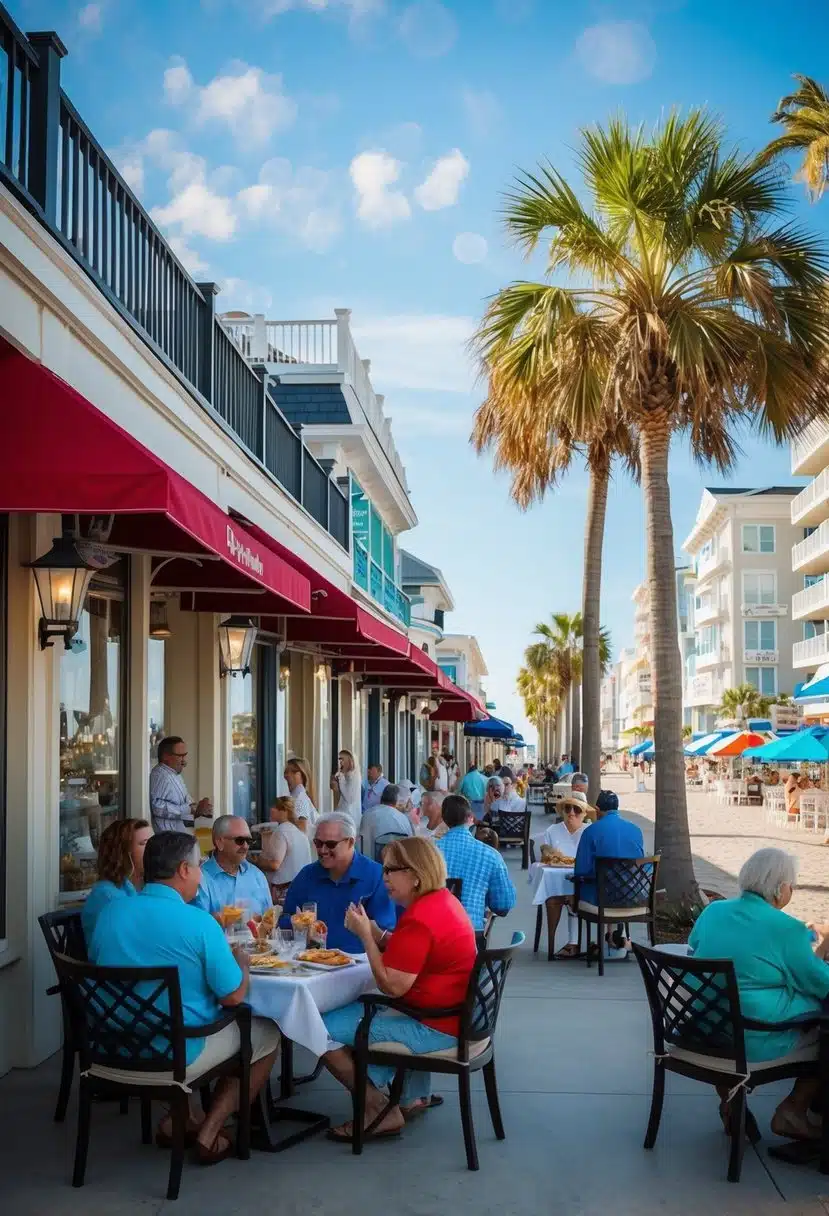 Diners enjoying seafood on outdoor patios, while shoppers browse beachfront shops and palm-lined streets