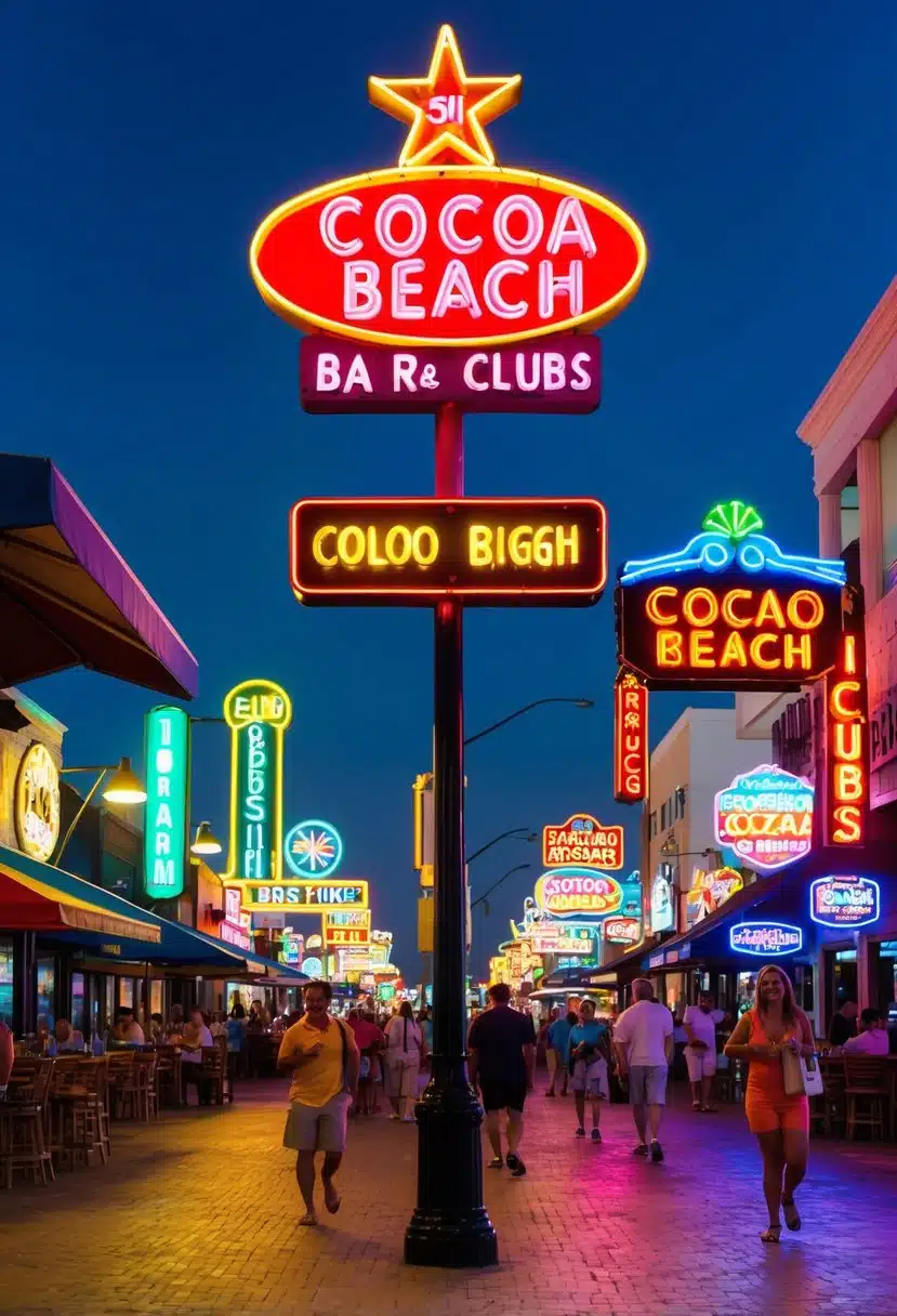 Colorful neon signs illuminate the bustling streets of Cocoa Beach, with lively music and laughter emanating from the vibrant bars and clubs