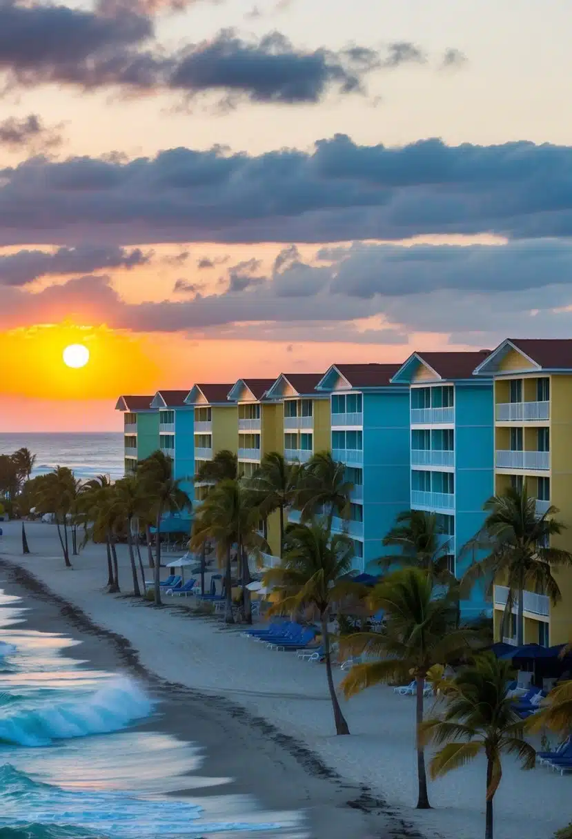 The sun sets over a row of colorful beachfront hotels, with palm trees swaying in the breeze and the sound of crashing waves in the background