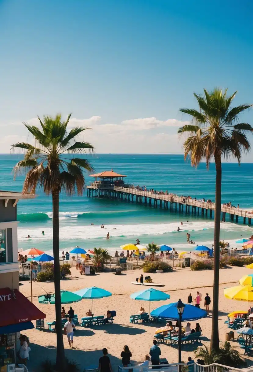 A sunny beach with palm trees, surfers, and colorful beach umbrellas. A pier extends into the ocean, while tourists explore nearby shops and restaurants