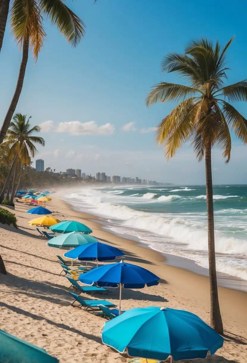 A sunny beach with palm trees, waves crashing on the shore, and colorful beach umbrellas scattered along the sandy coastline