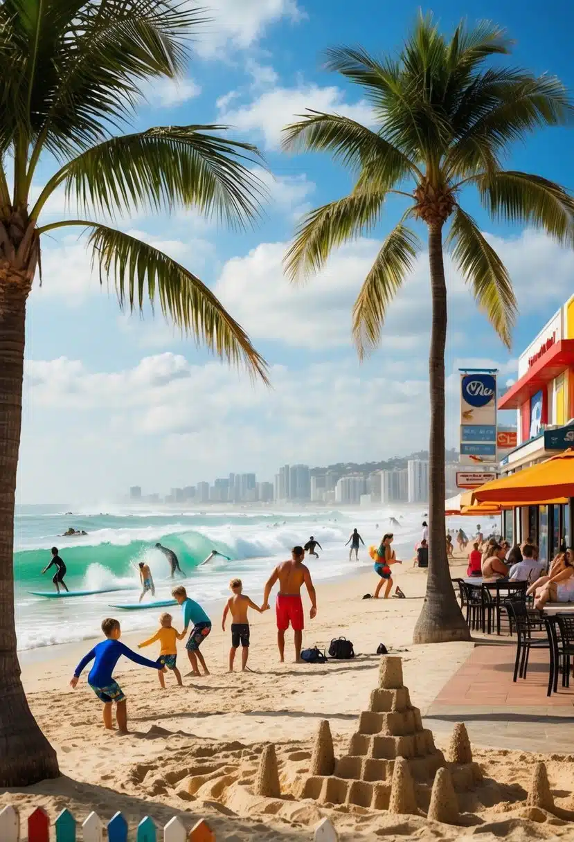 A sunny beach with palm trees, surfers catching waves, and families building sandcastles. A colorful beachfront with shops and restaurants