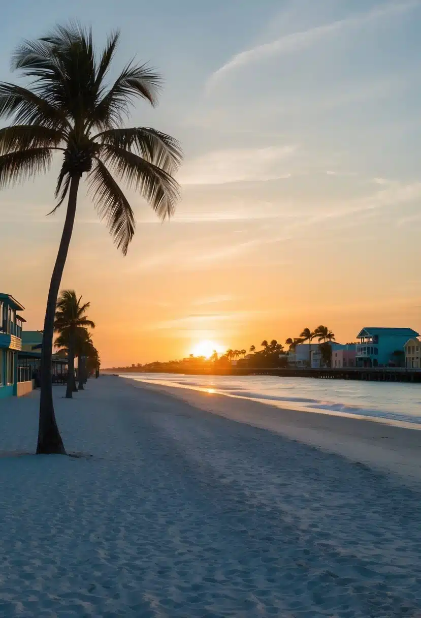 The sun sets over the historic Cocoa Beach, with palm trees swaying in the ocean breeze and colorful buildings lining the shore