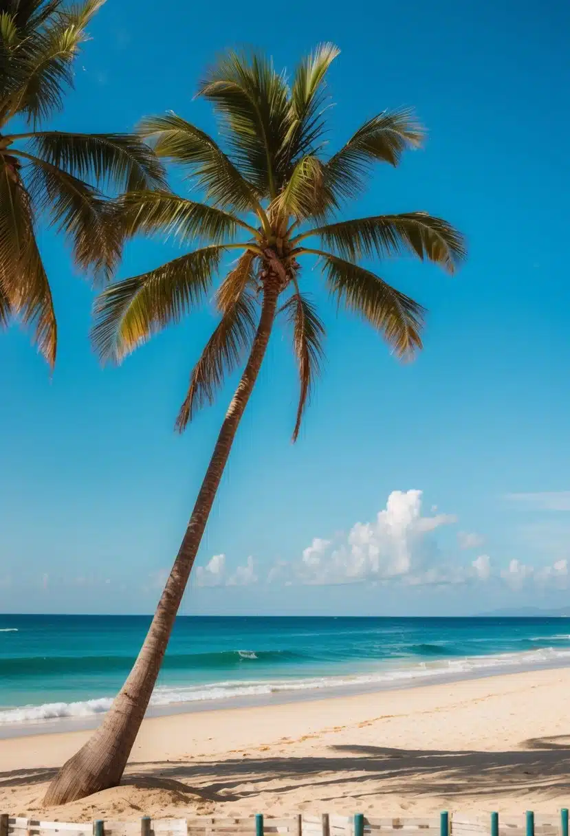 A sunny beach with palm trees, gentle waves, and clear blue skies, with a warm and tropical climate