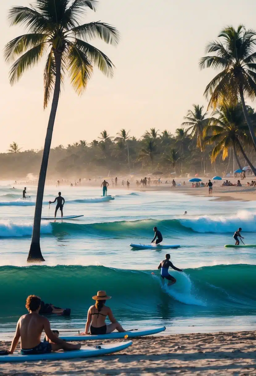 A vibrant beach scene with palm trees, waves, and various water sports such as surfing and paddleboarding. Beachgoers relax on the sandy shore