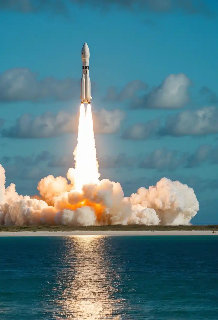 A rocket launching from Cocoa Beach, Florida with a backdrop of the ocean and clear blue skies