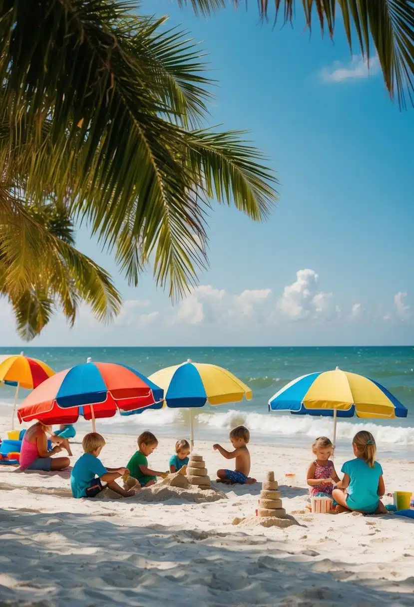 A sunny beach with colorful umbrellas, children building sandcastles, and families enjoying the gentle waves of Cocoa Beach, Florida