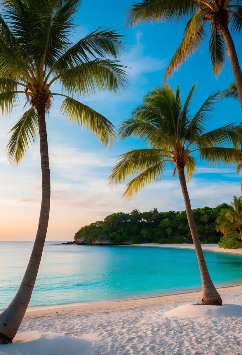 A serene beach with palm trees, white sand, and clear blue water, with a backdrop of lush greenery and a beautiful sunset
