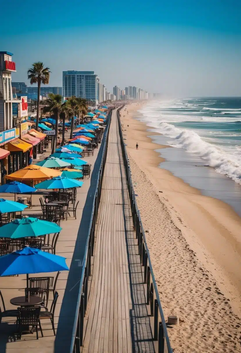 A bustling boardwalk lined with shops and restaurants overlooks a sandy beach with crashing waves and colorful umbrellas. Palm trees sway in the ocean breeze