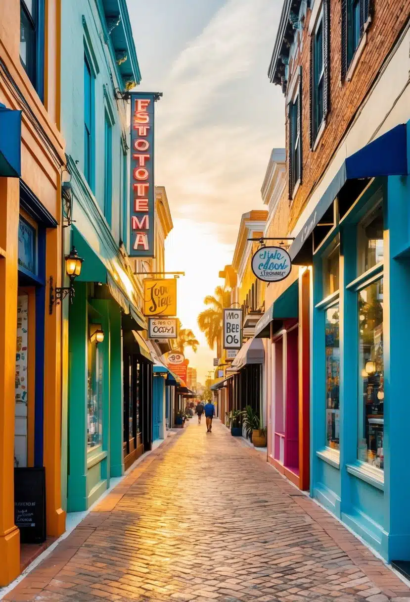 Colorful storefronts line the bustling streets, each adorned with unique signs and window displays. The warm Florida sun casts a golden glow over the charming shops and boutiques