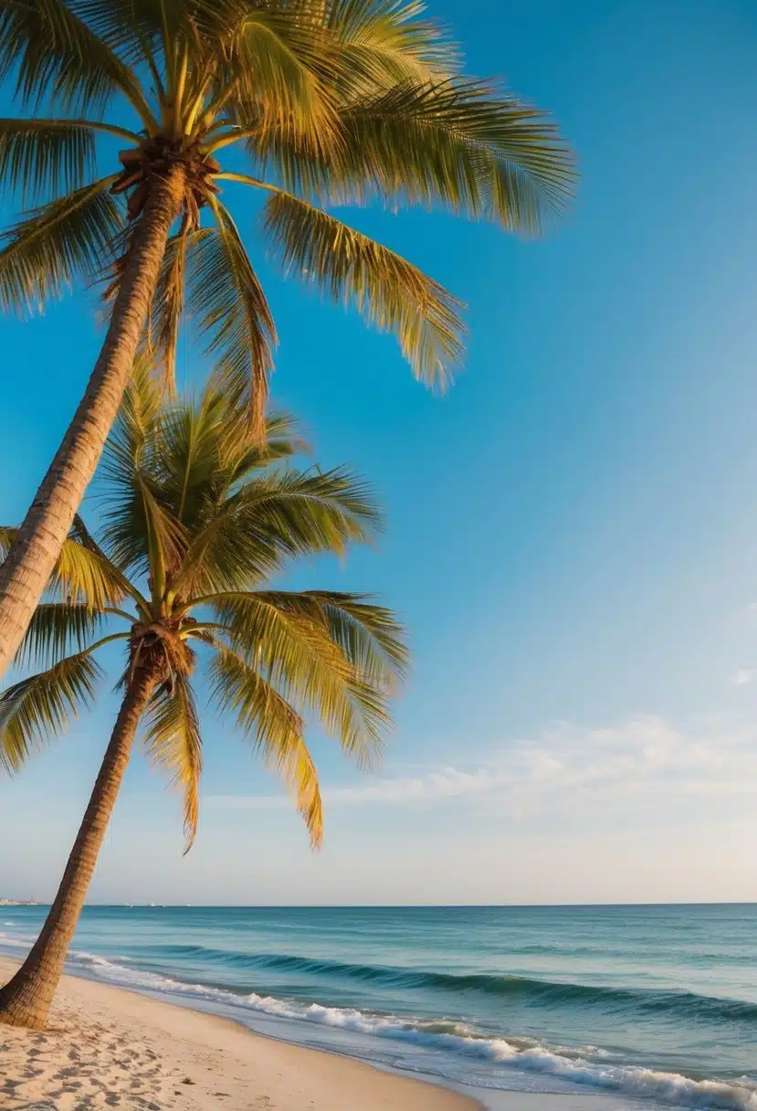 A serene beach scene with palm trees, a sandy shore, and calm ocean waves under a clear blue sky