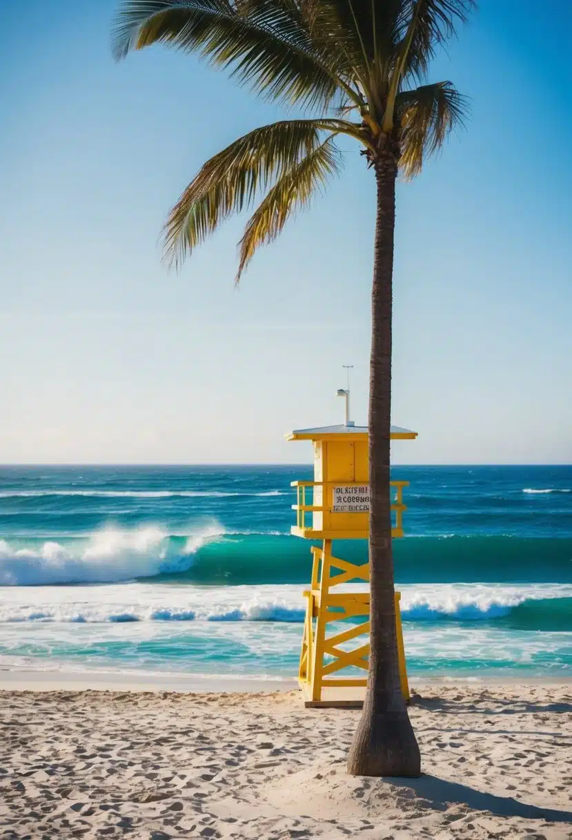 A sunny beach with palm trees, a lifeguard tower, and a clear blue ocean with waves crashing onto the shore