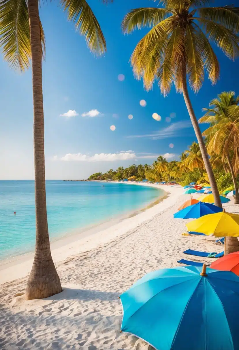 A vibrant beach scene with palm trees, white sand, crystal-clear water, and colorful beach umbrellas dotting the shoreline