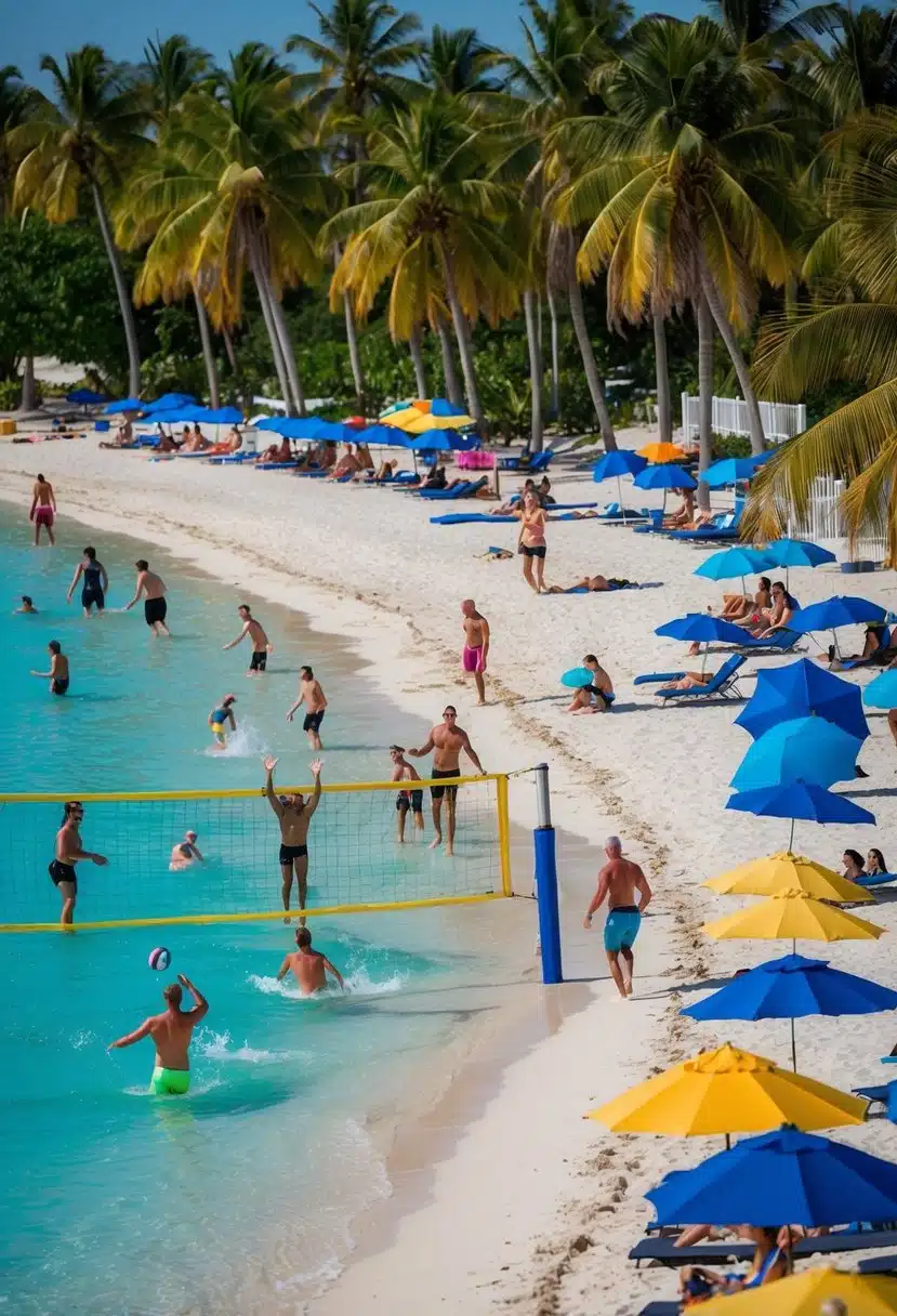 A vibrant beach scene with people playing volleyball, sunbathing, and swimming in the crystal-clear waters of Siesta Key. Palm trees line the shore, and colorful umbrellas dot the sandy beach