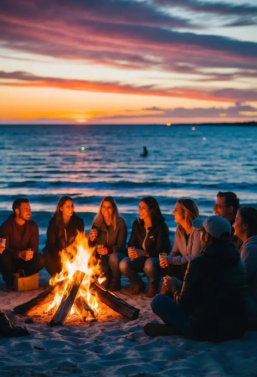 A group of people enjoying a bonfire on the beach at Beer Can Island, with a backdrop of a colorful sunset over the water