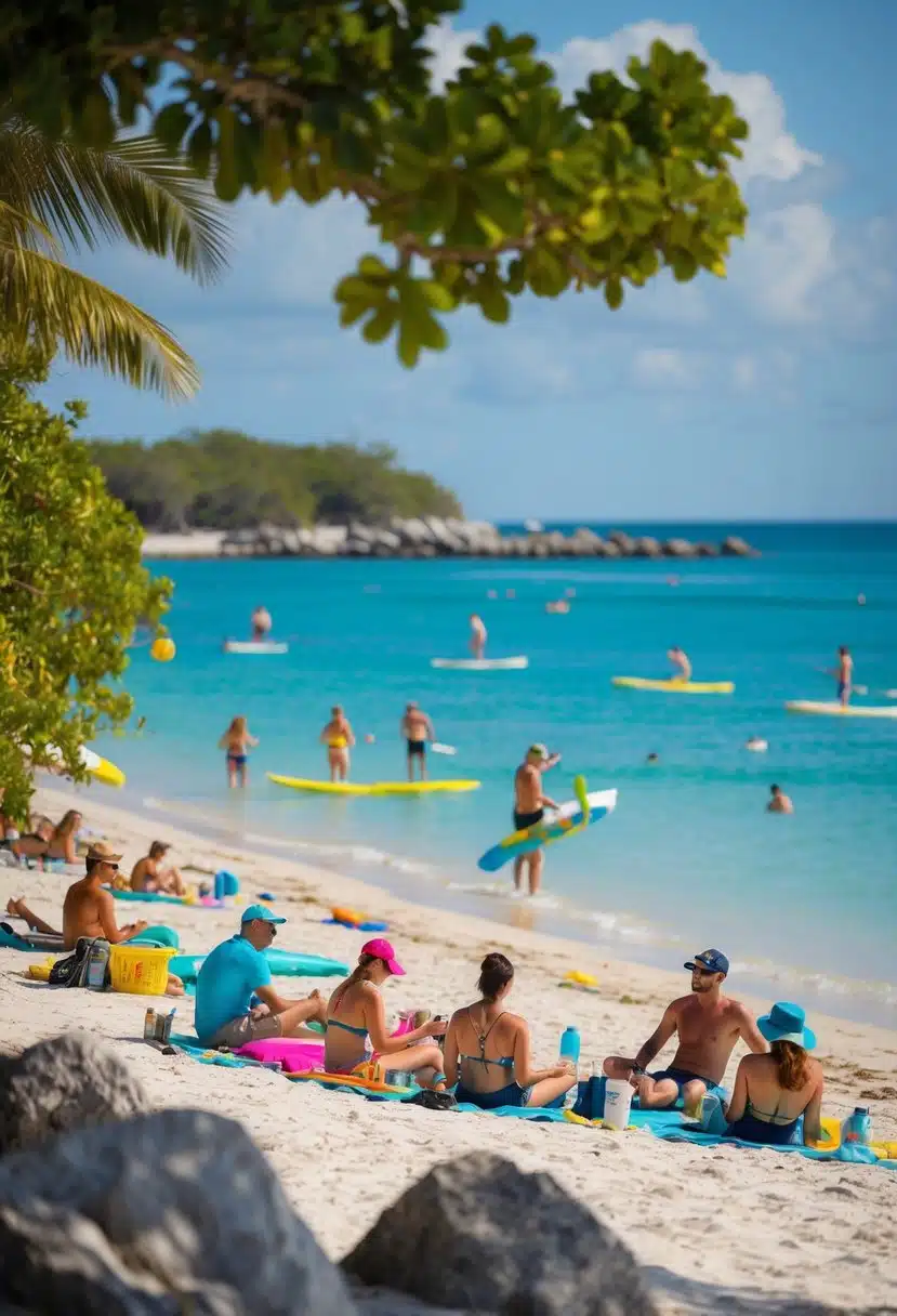 A vibrant beach scene with people enjoying water sports, sunbathing, and picnicking at Point of Rocks on Siesta Key