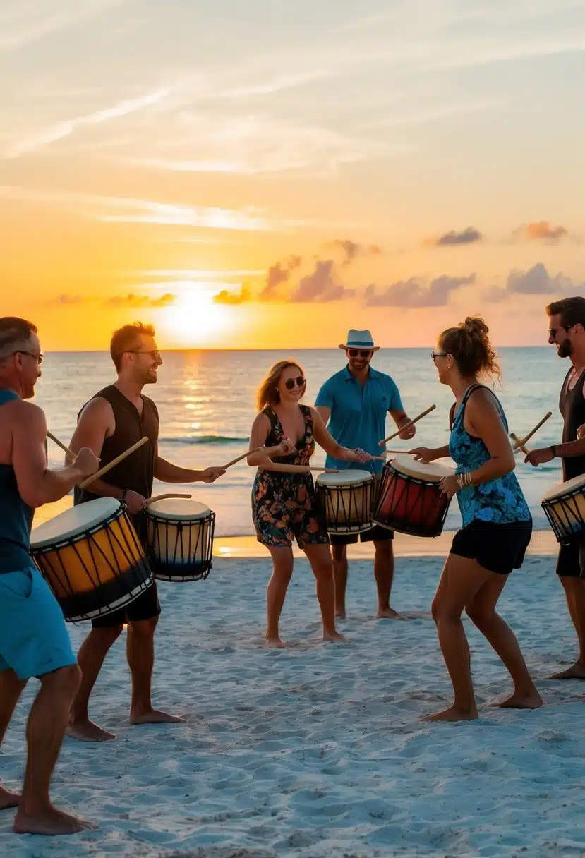 A vibrant drum circle on Siesta Key beach, with people dancing and enjoying the music as the sun sets over the horizon