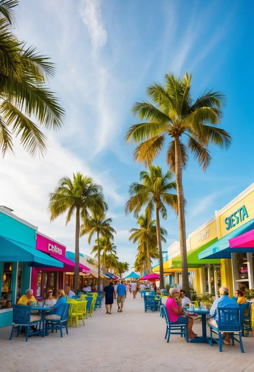Colorful shops line the bustling streets of Siesta Key Village, with visitors browsing and dining at outdoor cafes. Palm trees sway in the warm breeze under a clear blue sky