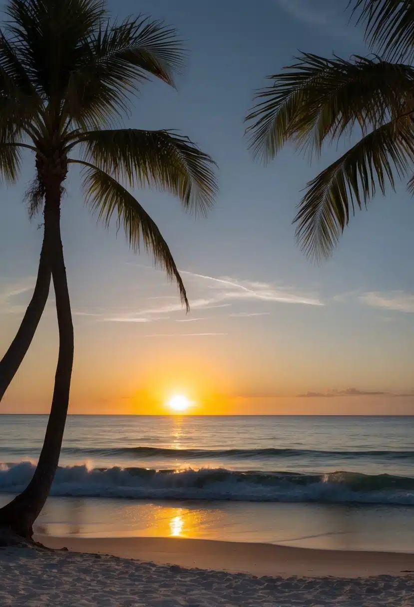 The sun sets over the horizon, casting a warm glow on the tranquil beach at Sunset Point in Siesta Key. Palm trees sway gently in the breeze as waves gently crash onto the shore