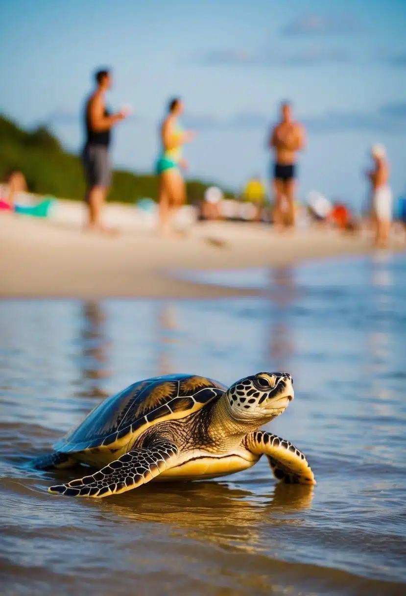 A turtle swimming near the shore with people enjoying beach activities in the background