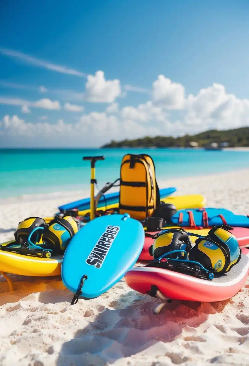 A colorful array of watersports equipment on a white sandy beach with crystal clear waters and blue skies