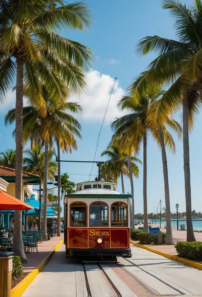 The Siesta Key Breeze Trolley winds through palm-lined streets, passing by sun-soaked beaches and vibrant shops and restaurants