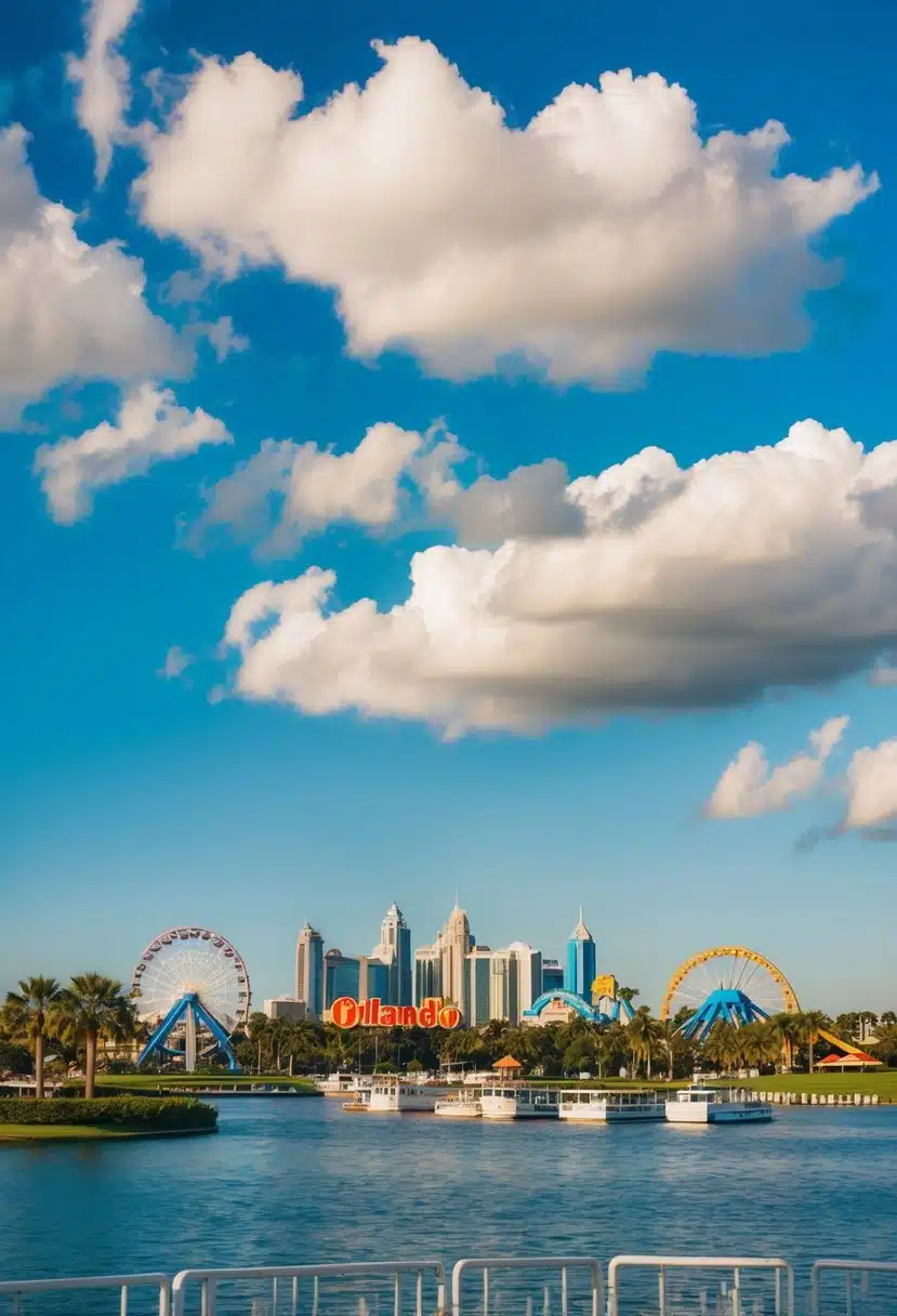 A sunny Orlando skyline with theme park rides, palm trees, and a lake with boats