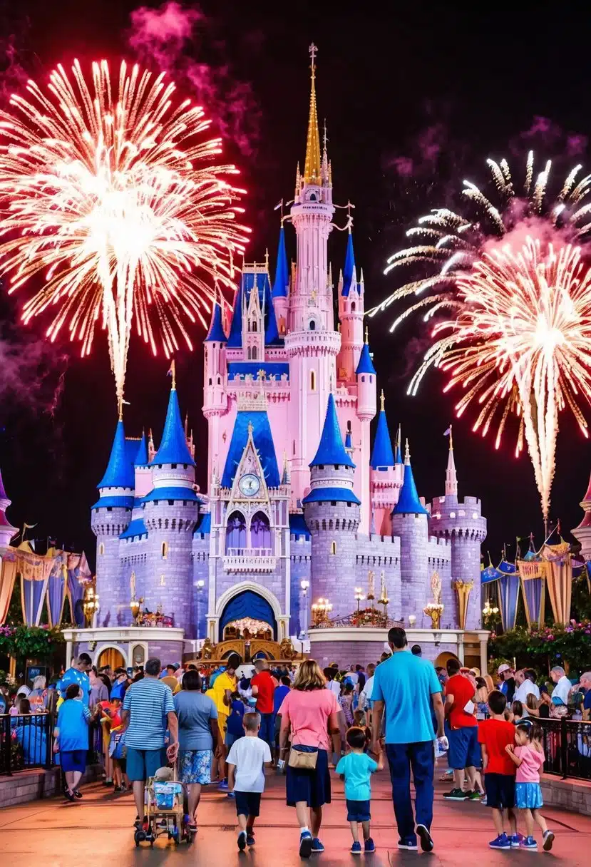Families explore the iconic Cinderella Castle, surrounded by colorful parades and fireworks at Walt Disney World Resort in Orlando, Florida