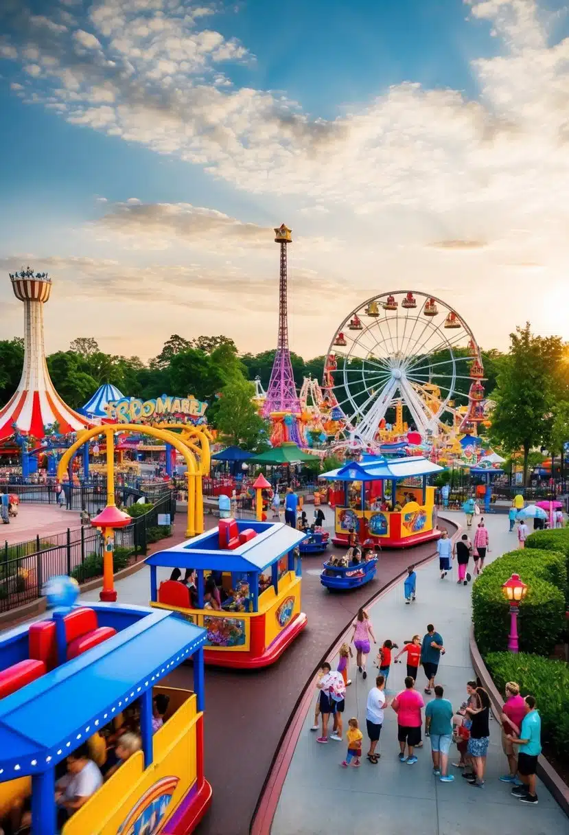 A bustling theme park with colorful rides, lively entertainment, and families enjoying the attractions