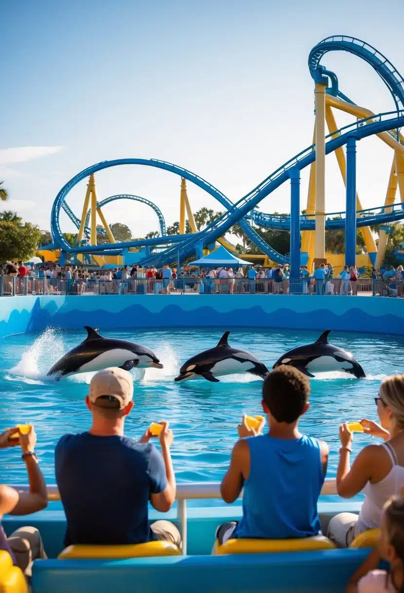 Visitors explore SeaWorld Orlando: feeding dolphins, watching orcas, and riding roller coasters