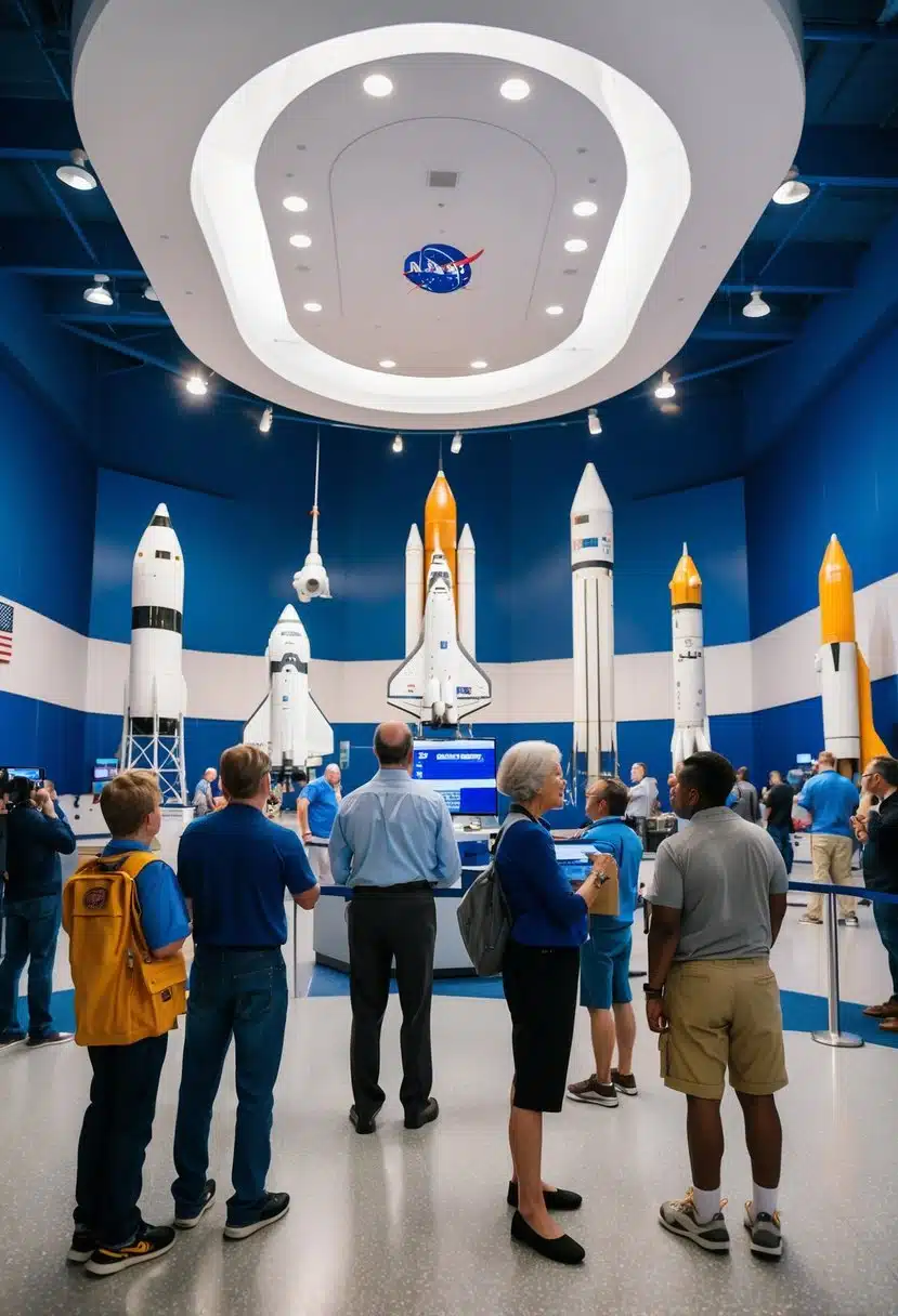 Visitors explore Kennedy Space Center, viewing rockets, meeting astronauts, and experiencing space simulations