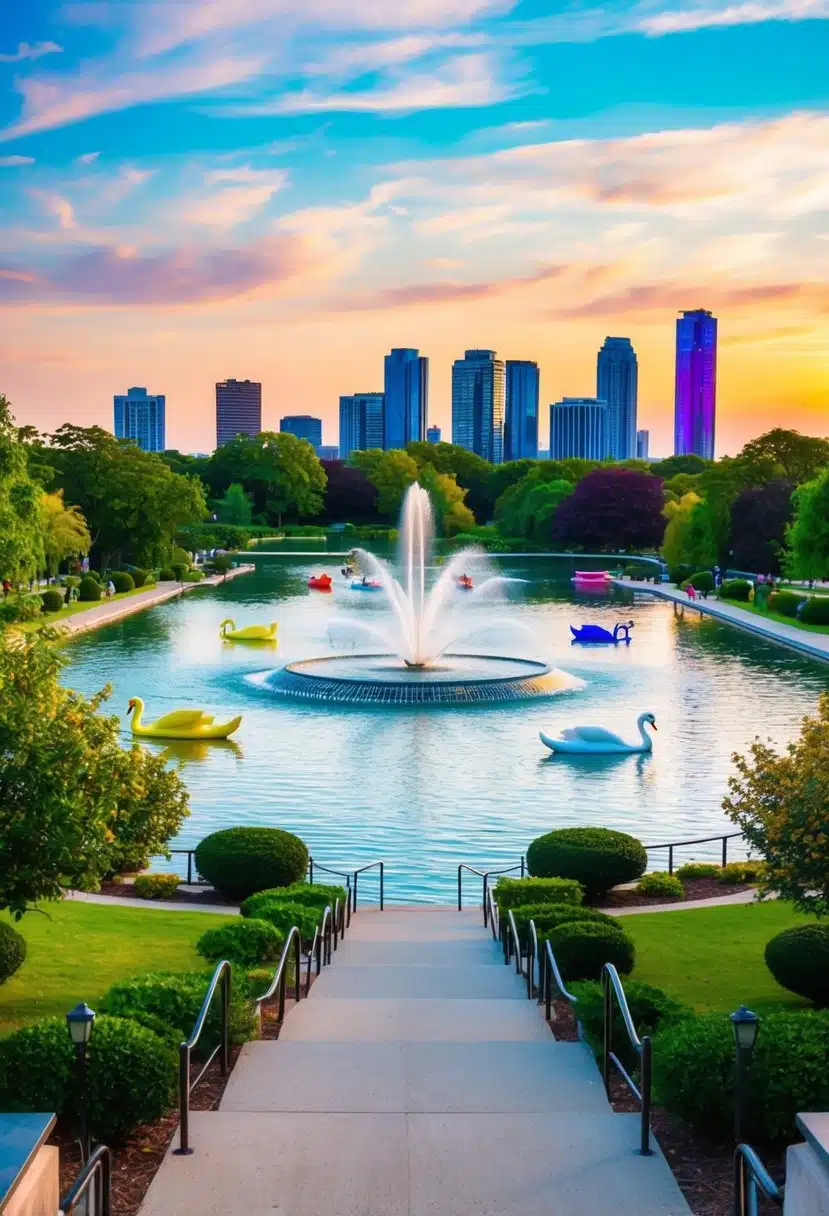 A serene lake with a fountain, surrounded by lush greenery and walking paths. Colorful swan boats and a vibrant skyline in the background