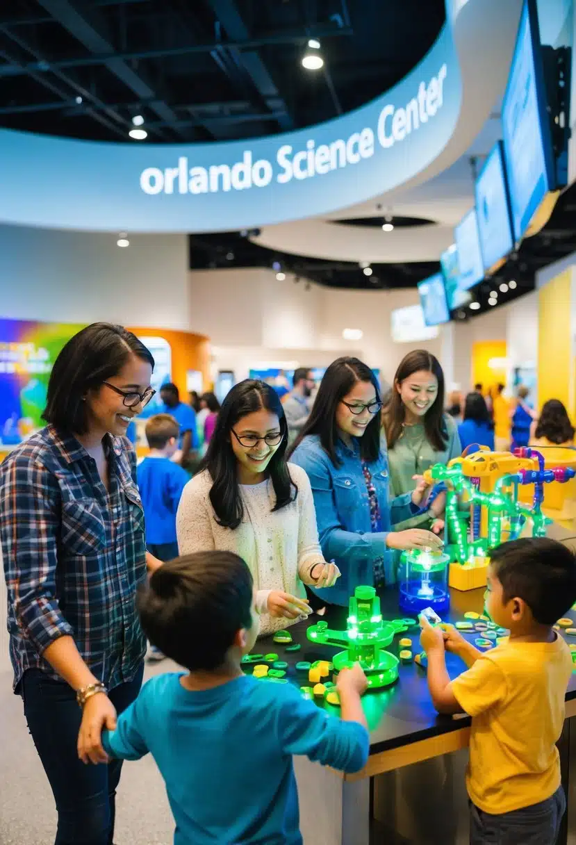 Visitors explore interactive exhibits at the Orlando Science Center, including hands-on activities, educational displays, and engaging demonstrations