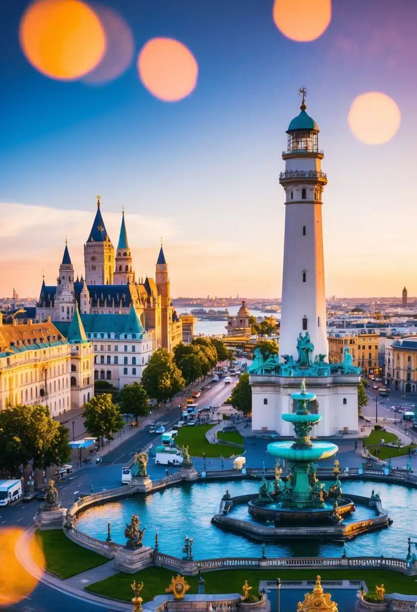 A vibrant, bustling cityscape with iconic landmarks and historical attractions, including a grand castle, towering lighthouse, and ornate fountain