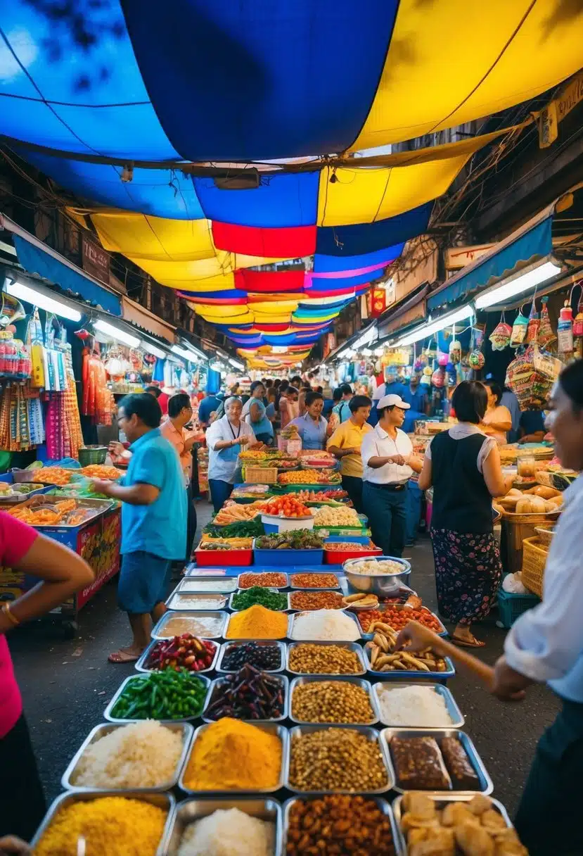 A bustling street market with colorful stalls selling diverse cultural items and food, surrounded by lively music and dancing