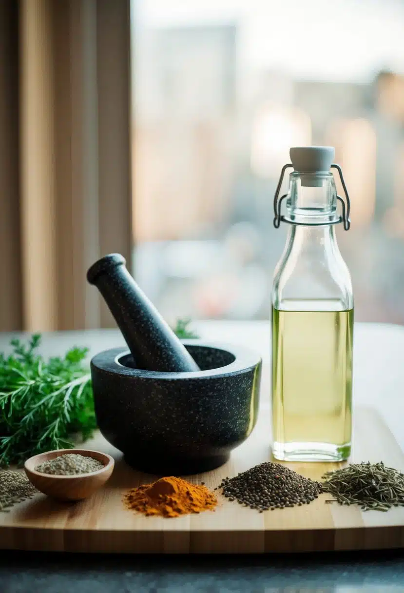 A table with various herbs and spices, a mortar and pestle, and a glass bottle filled with clear liquid