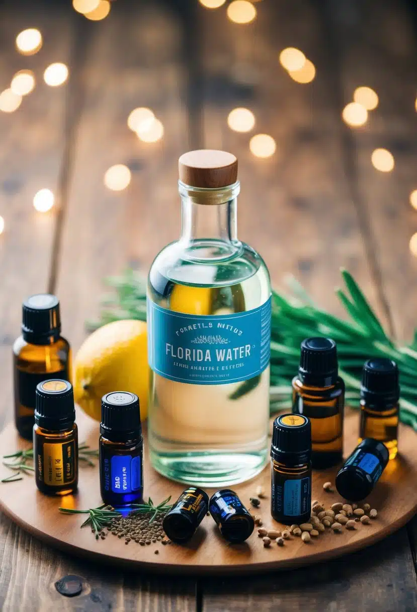A glass bottle surrounded by various essential oils and Florida water ingredients on a wooden table
