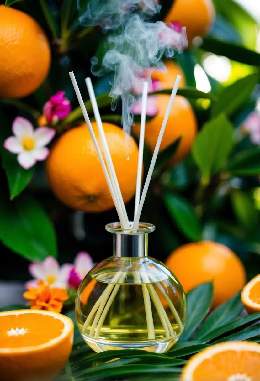 A glass diffuser releasing a refreshing aroma, surrounded by vibrant Florida orange blossoms and tropical greenery