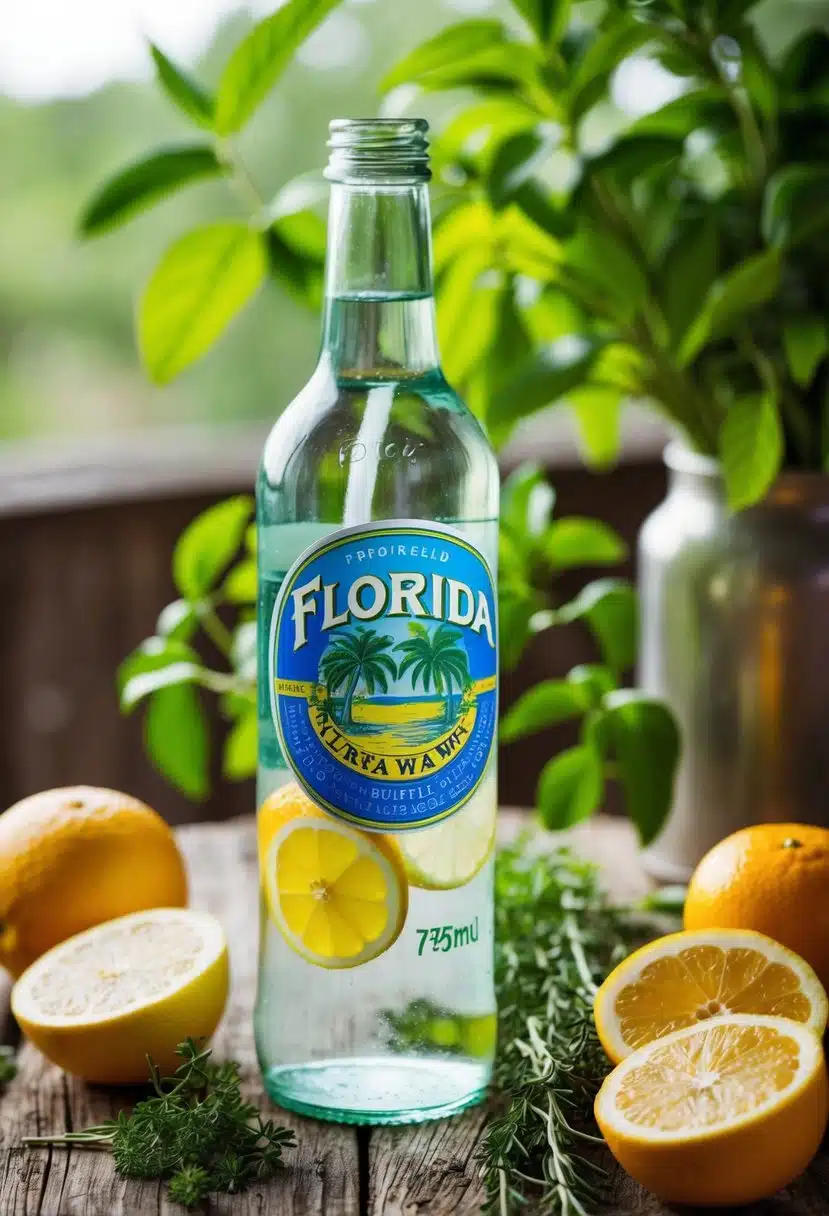 A vintage glass bottle filled with Florida water surrounded by fresh citrus fruits and fragrant herbs on a rustic wooden table