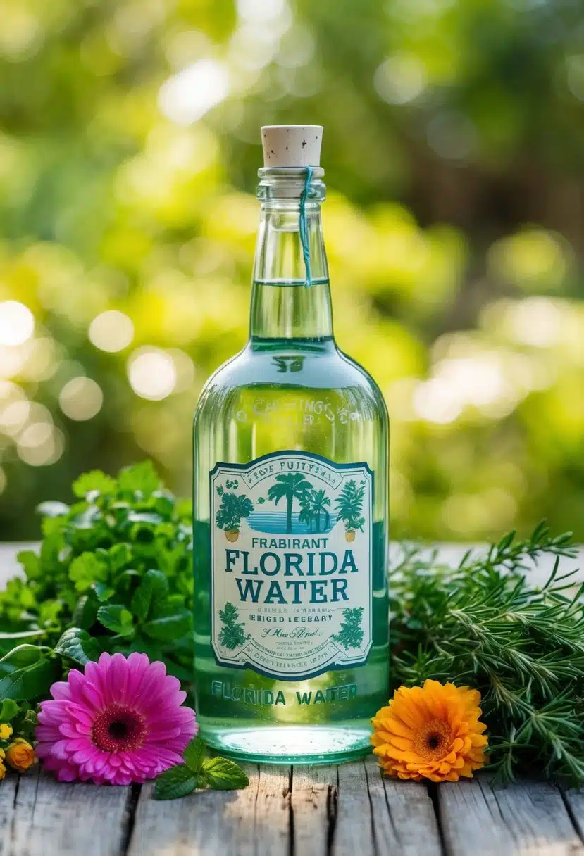 A vintage glass bottle filled with fragrant Florida water surrounded by fresh herbs and flowers