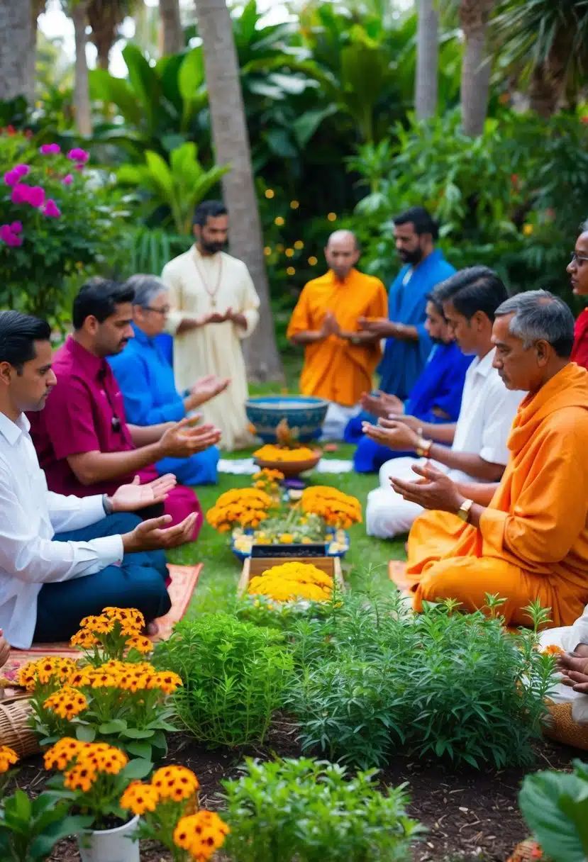 A serene garden with blooming flowers and aromatic herbs, surrounded by people engaging in cultural and spiritual rituals with Florida water
