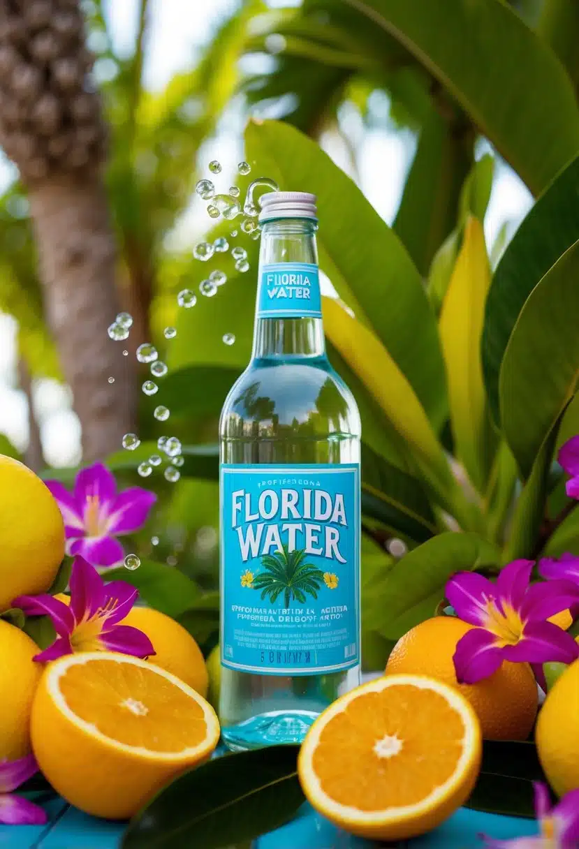 A glass bottle of Florida water surrounded by vibrant, tropical flowers and citrus fruits, emitting a calming and invigorating aroma