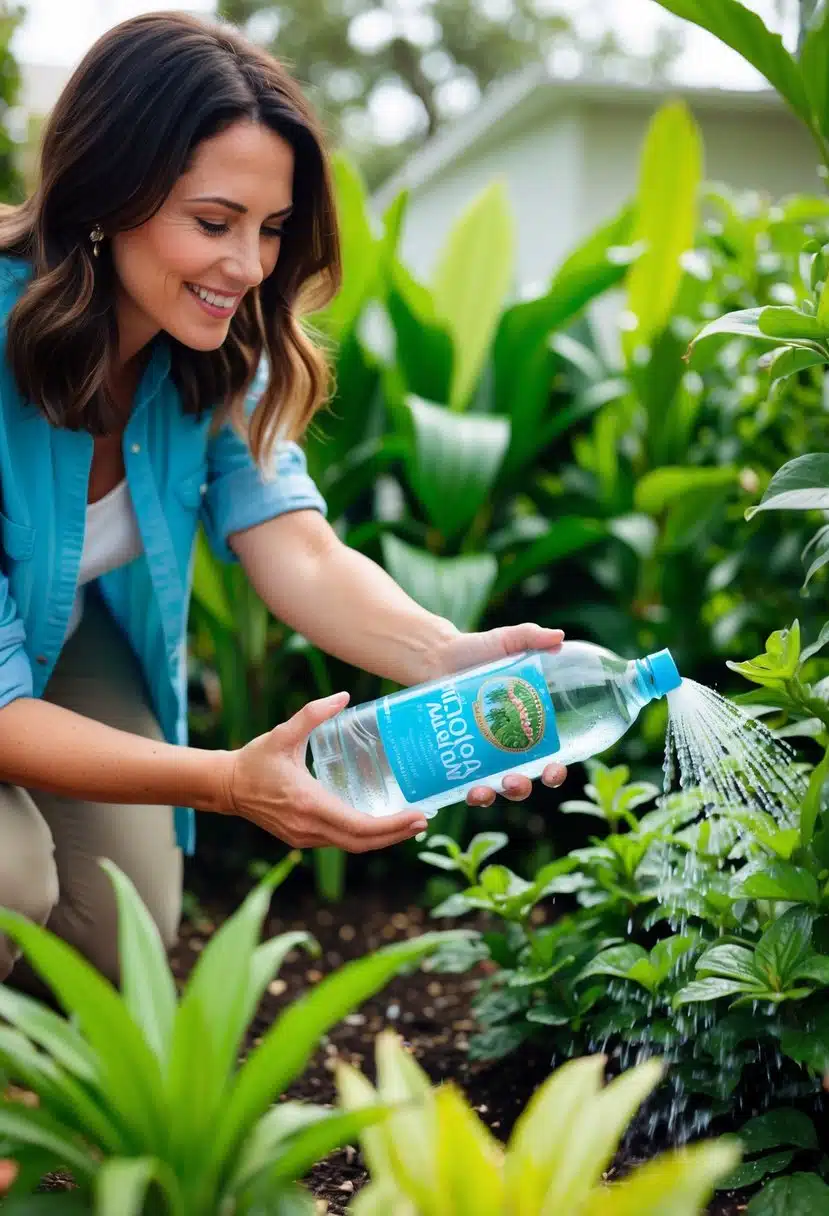 A woman watering her garden with a bottle of Florida water, surrounded by lush, thriving plants