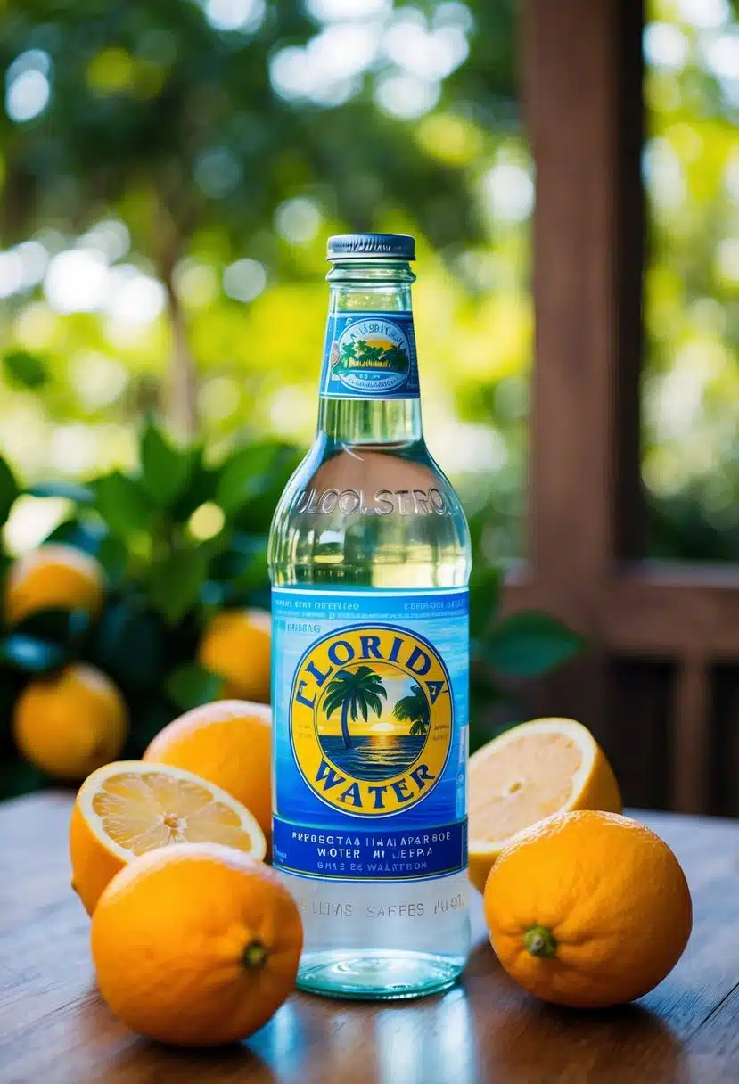 A glass bottle of Florida water surrounded by fresh oranges and lemons on a wooden table