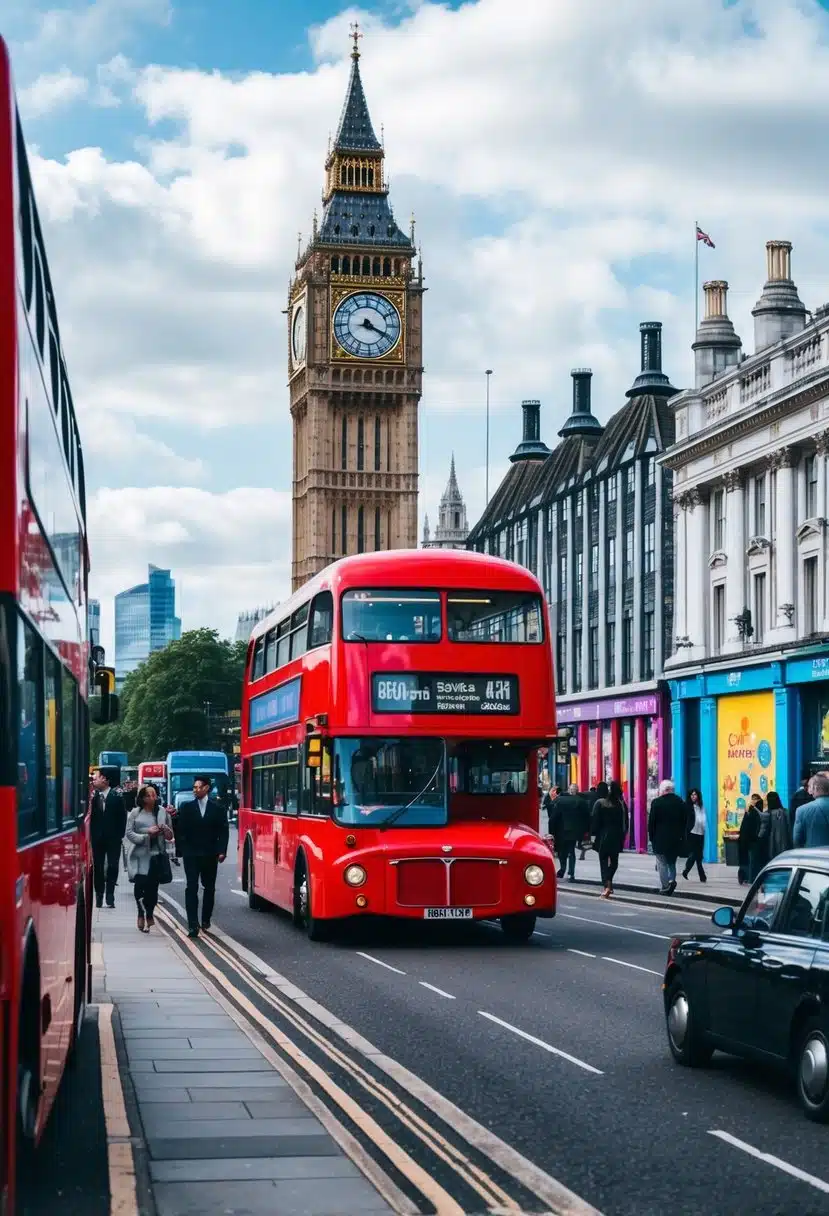 Busy London street with iconic red double-decker bus, Big Ben in the background, people walking, and colorful storefronts