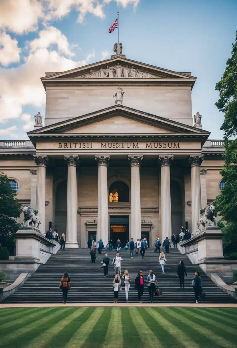 The British Museum's grand facade with visitors entering and exiting, surrounded by historic architecture and lush greenery