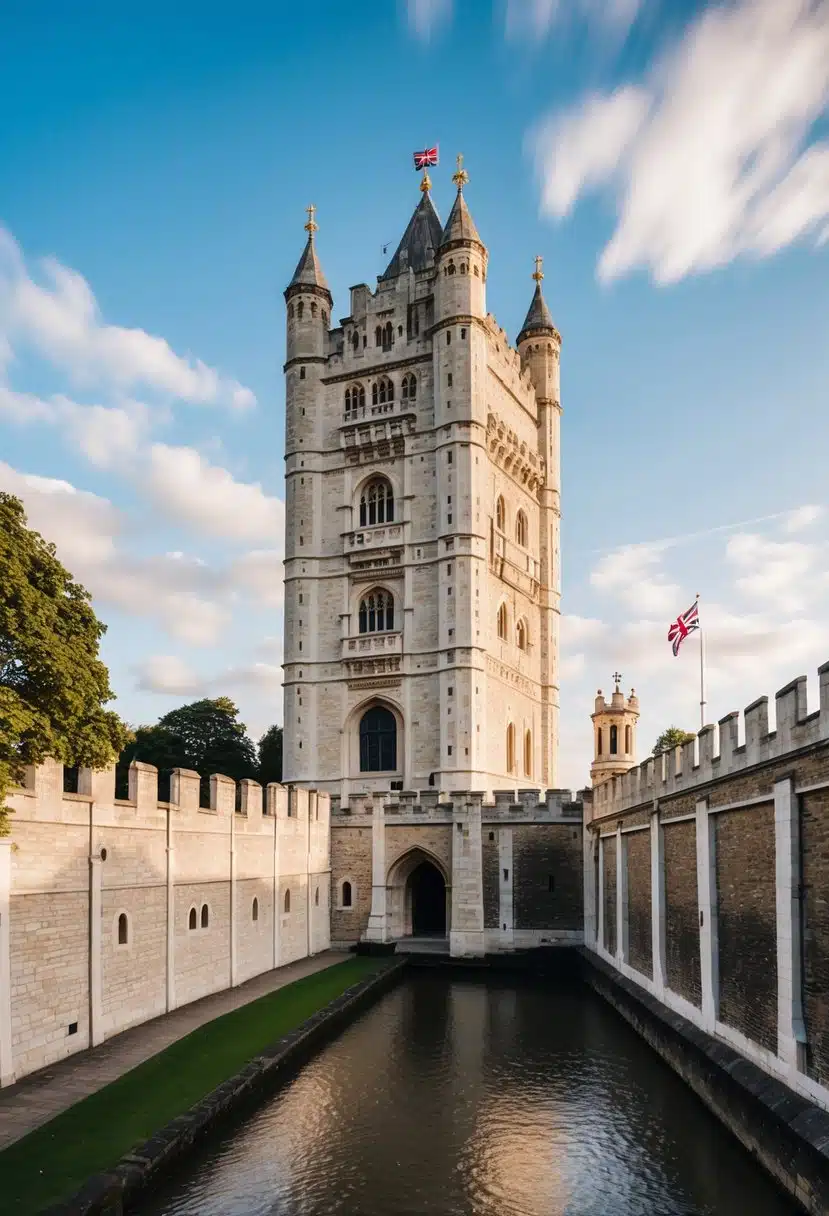The Tower of London stands tall, surrounded by a moat and ancient stone walls. The iconic White Tower dominates the scene, with crenellated battlements and a flag fluttering in the breeze